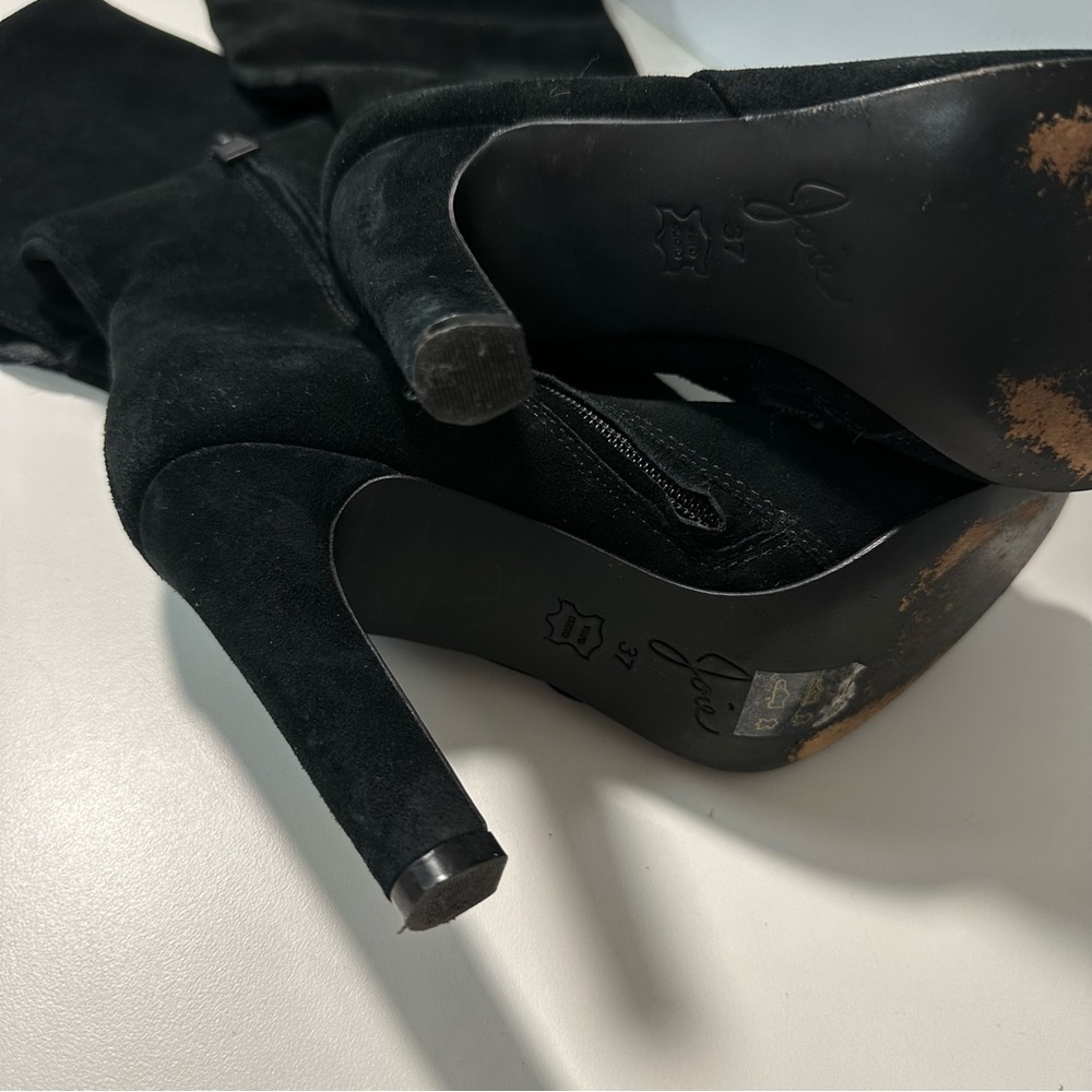 Joie Bentlee Genuine Suede Leather Heel Over The Knee Boots Sz 7 Black Retro - Picture 11 of 16